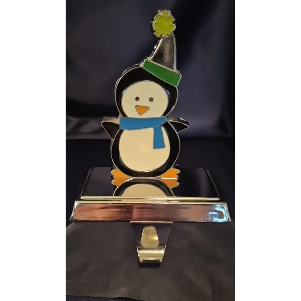 Enamel Christmas Penguin Stocking Holder with Chrome Base Hook